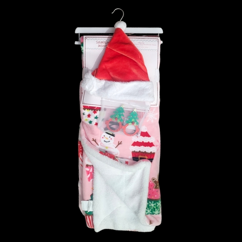 Sugarplum Dreams Girl's Throw, Santa Hat, and Novelty Glasses Set